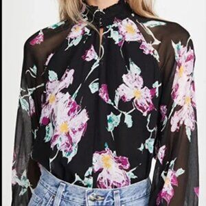 $395 A.L.C. Venetia Silk Floral Smocked 100% Silk Blouse Shirt  ALC